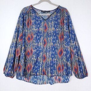 Tolani Collection Tunic Top Blouse Sz 1X Blue Multicolor Ikat Print Long Sleeve
